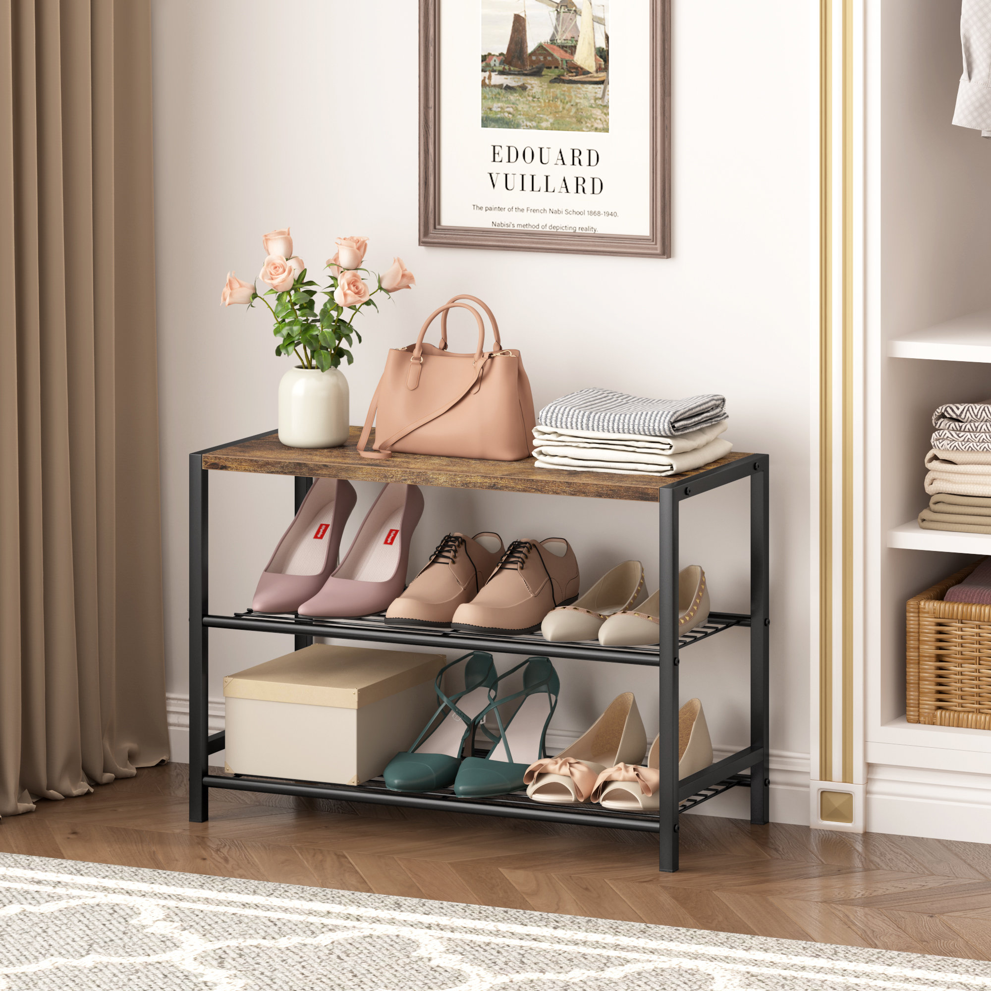 3-Tier Shoe fashion Rack for Entryway, Faux Leather, Metal Frame, for Living Room